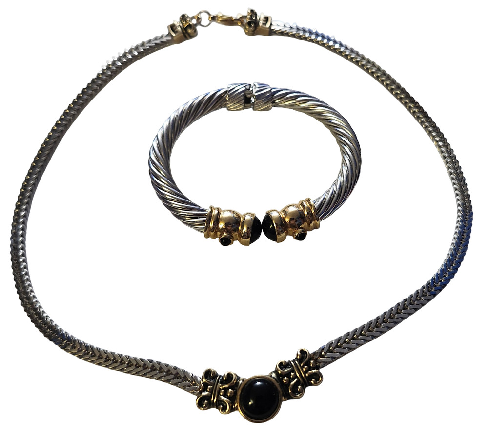 Old World Elegance Cablework Jewelry Set with Black Cabochon Accents